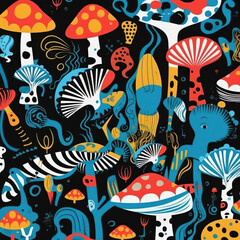 illustration mushrooms tile on dark background 