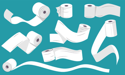 Unwound toilet paper. Tissue roll with ribbons, unrolled hand towel and paper napkin, flying bathroom paper napkin hygiene concept. Vector set