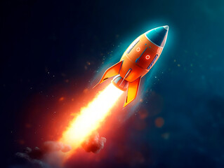 Rocket starts from abstract ground. Spaceship launch with fire and smoke. Concept of a successful start up of a business. Creative idea, education online. Ai Generative illustration