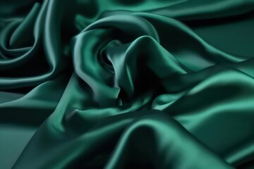 Dark green silk satin. Shiny silky surface of the fabric. Silk wallpaper background. Generative AI.