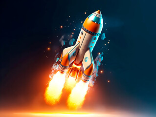 Rocket starts from abstract ground. Spaceship launch with fire and smoke. Concept of a successful start up of a business. Creative idea, education online. Ai Generative illustration