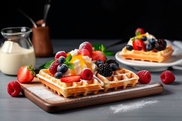 Belgium waffles with fruits and ice cream	