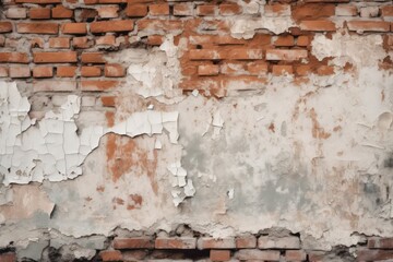 Old red brick wall surface with crumbling white plaster. Generative AI.