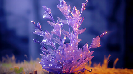 Generative AI image of ethereal crystal lavenders, their delicate purple blossoms intricately sculpted from shimmering gemstones, exuding a soothing aura and enchantment with their timeless beauty.