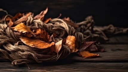 Orange brown fallen dry twisted leaves lie on an old rack. Generative AI.