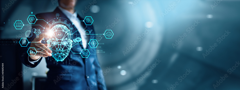 Leinwandbilder Businessman connected of data AI. Chatbot on network, AI. Artificial Intelligence communicate and interact with provide smart data, Science, innovative and futuristic technology for business.