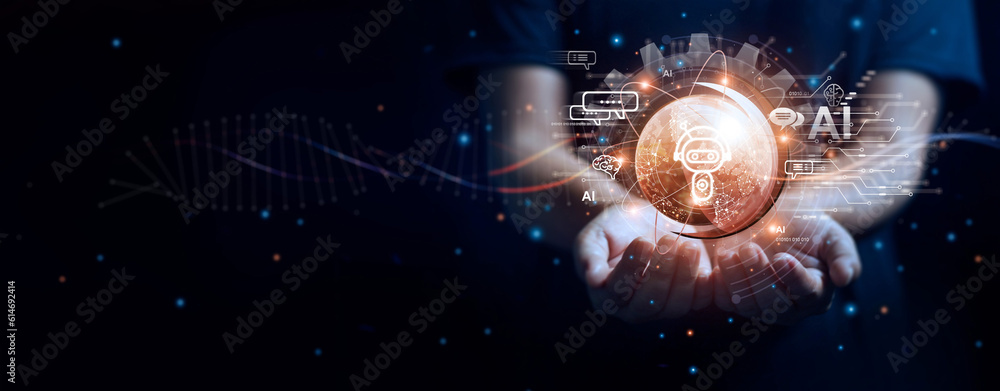 Poster Man hold digital AI.chatbot for provide access to data, AI. Artificial Intelligence communicate and interact by provide smart data, robot application and global connection,  innovation and technology