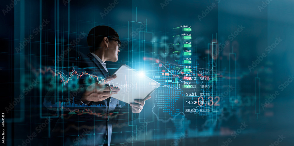 Poster businessman analysis sales data graph indicators and business growth currency stock and investment e