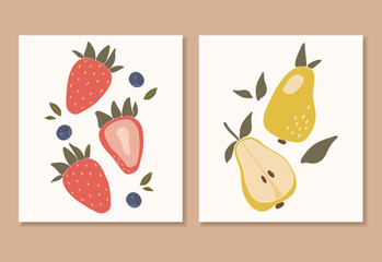 Abstract tropical fruits set, boho tropical elements isolated vector illustration, summer pear and strawberry fruits art, fruits banner