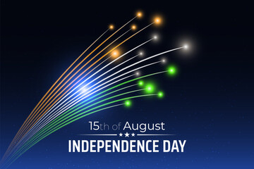 15th of august, india independence day, Indian colorful fireworks flag on blue night sky background. India national holiday august 15. Independence day greeting card. Vector illustration, template