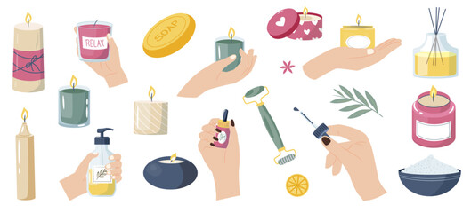 Hands with scented candles. Warm wax light with aroma and natural therapeutic products, wellness therapy and hygge decor. Vector flat illustration - obrazy, fototapety, plakaty