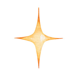 Watercolor illustration. Hand painted four pointed star in yellow, golden color. Sky element. Outer space. Nature, outdoor. Isolated clip art for prints, patterns, banners