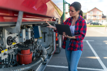 Truck driver holding a laptop and checking the fuel level in the tank, security checks for the safe transport of cargo