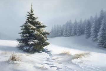Fototapeta premium Christmas tree winter landscape. Generate Ai