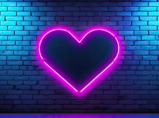 Neon heart with a glow on the background of a dark brick wall. Neon sign pink and blue. Created with Generative AI technology.
