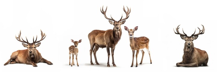 Fototapeta premium Wildlife forest woods animals wild moose banner panorama long - Collection of deer, stag, fawn animal (Cervidae) family with baby, isolated on white background, Generative Ai