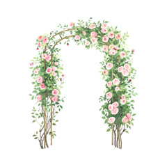 Garden arch with delicate roses, isolated watercolor illustration for invitation or greeting cards, garden design with blossom plant. - 614694009
