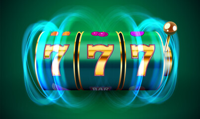 Neon slot machine coins wins the jackpot. 777 Big win casino concept.