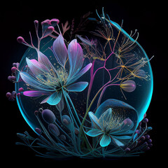 Bouquet of flowers. Shining magical neon flowers isolated on a black background.