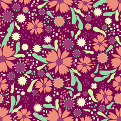 Fototapeta na wymiar Seamless bright summer floral vector pattern. Surface design with small plants: flowers, leaves, buds.