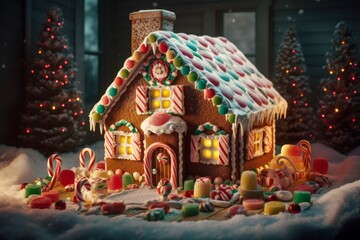Fototapeta premium Gingerbread house candy winter. Generate Ai
