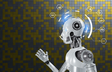 White woman robot on blurred background using digital network connection 3D rendering
