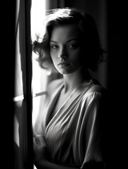 High contrast black and white portrait of a beautiful woman from the 1920s, diffused light streaming in through a window, a poignant moment in her life, mysterious mood, aethetics style