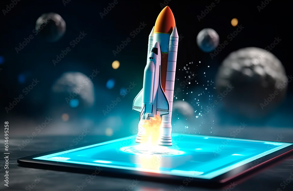 Aufkleber Spaceship launch from digital tablet. Rocket starts from mobile device screen. Concept of a successful start up of a business. Creative idea, education online. Ai Generative illustration