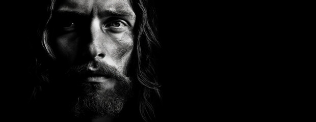 Jesus Christ Portrait in Black and White Old Picture Banner, generative ai