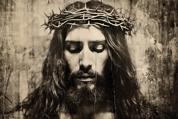 Jesus Christ in the Crown of Thorns Old Sepia Picture, generative ai