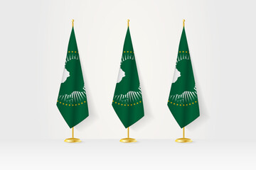 Three African Union flags in a row on a golden stand, illustration of press conference and other meetings.