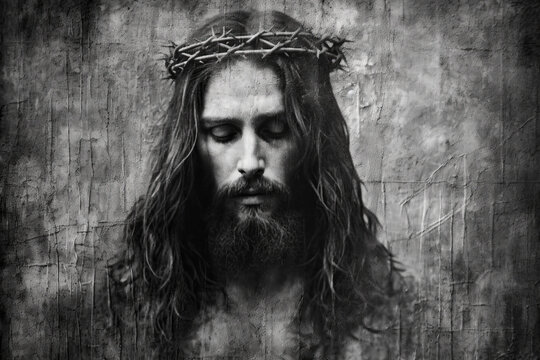 Jesus Christ in the Crown of Thorns Black and White Old Picture, generative ai