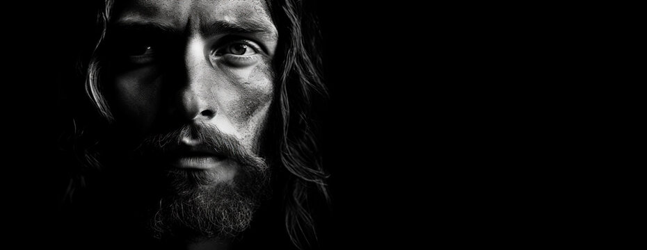 Jesus Christ Portrait in Black and White Old Picture Banner, generative ai