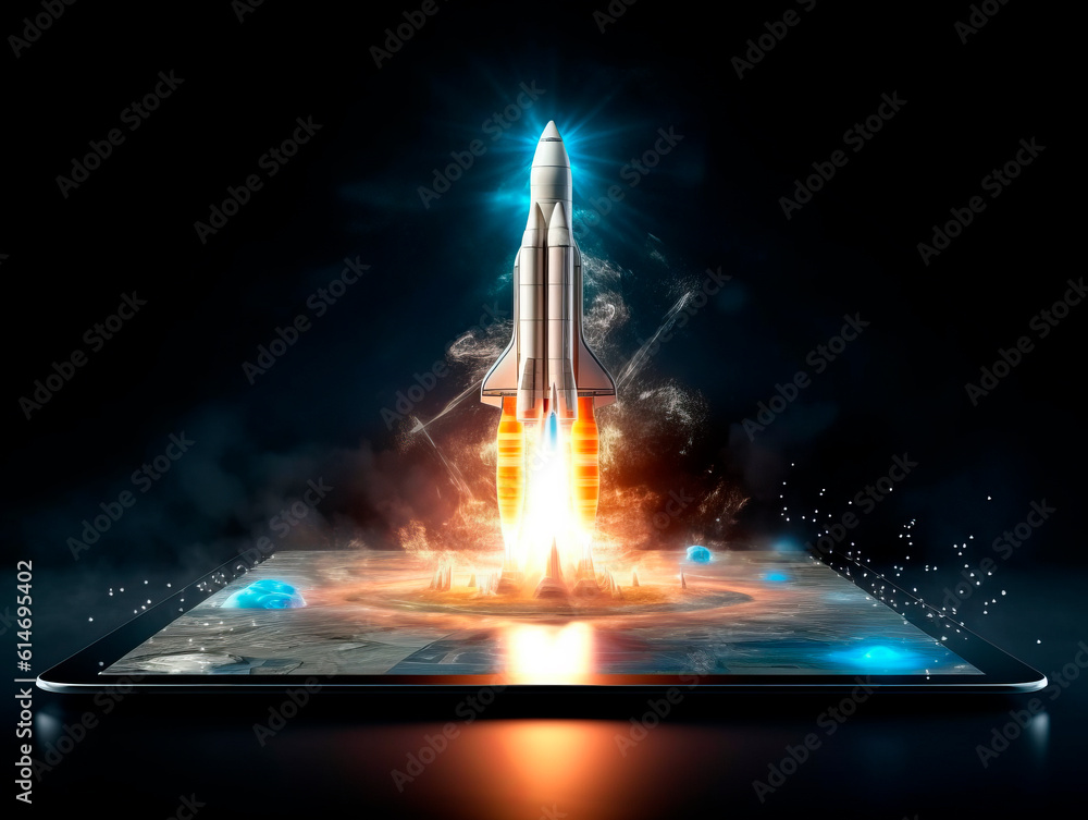 Poster Spaceship launch from digital tablet. Rocket starts from mobile device screen. Concept of a successful start up of a business. Creative idea, education online. Ai Generative illustration