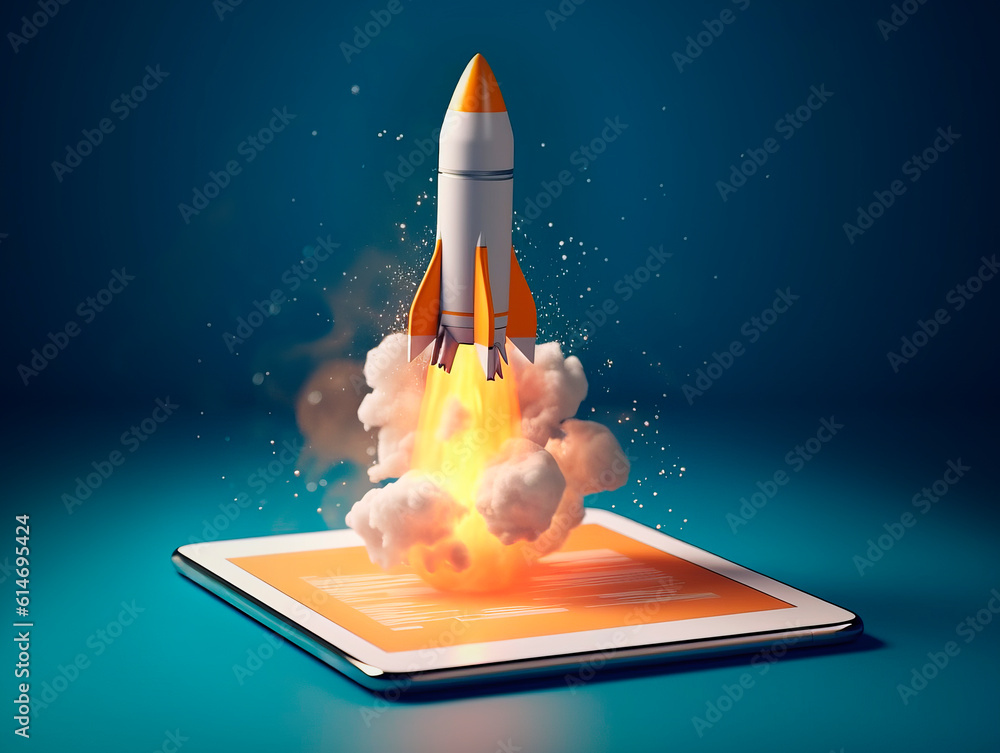 Aufkleber Spaceship launch from digital tablet. Rocket starts from mobile device screen. Concept of a successful start up of a business. Creative idea, education online. Ai Generative illustration