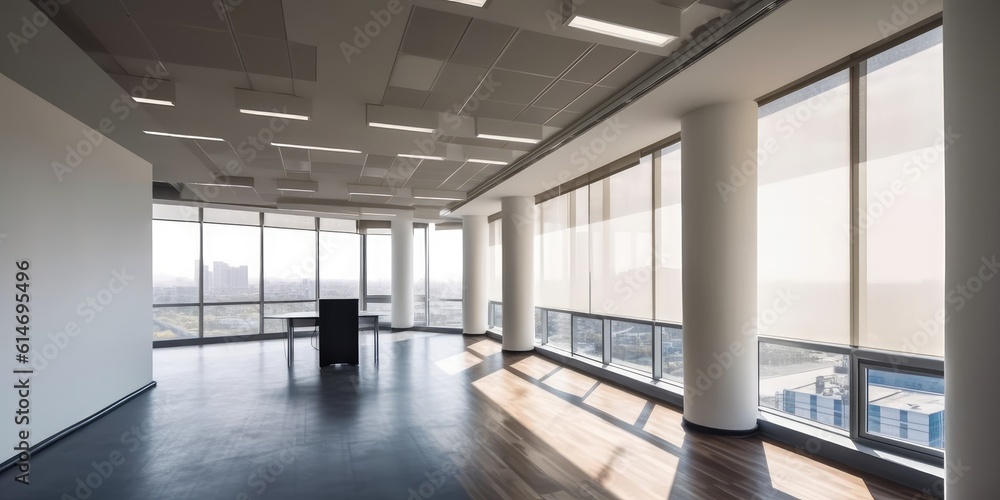 Poster empty space in office with large window overlooking city center. generative ai aig18.
