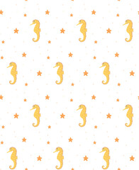 Marine seamless pattern with seahorses and starfish. Vector cartoon background for nursery fabric, paper, decor, toys and clothes. Cute baby illustration in pastel colors.