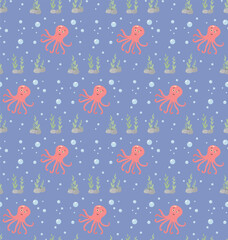 Marine seamless pattern with octopus, seaweed, rocks and bubbles. Vector cartoon background for nursery fabric, paper, decor, toys and clothes. Cute baby illustration in pastel colors.