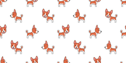 Vector cartoon basenji dog seamless pattern background for design.