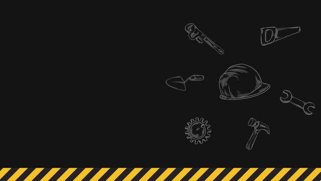motion graphic work tools and equipment, background template for labor day. running police line or alert line or border line. with copy space area in dark background