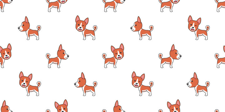 Vector cartoon basenji dog seamless pattern background for design.
