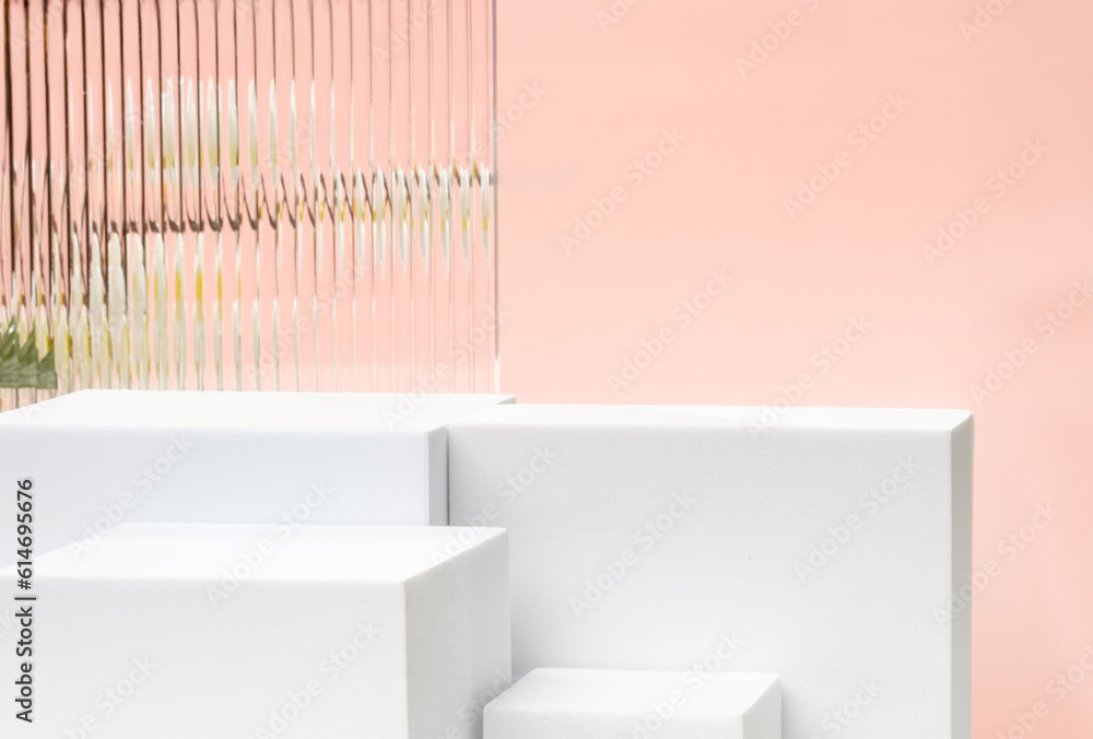 Poster white block pedestal product display peach background with modern transparency strip glass and flowe