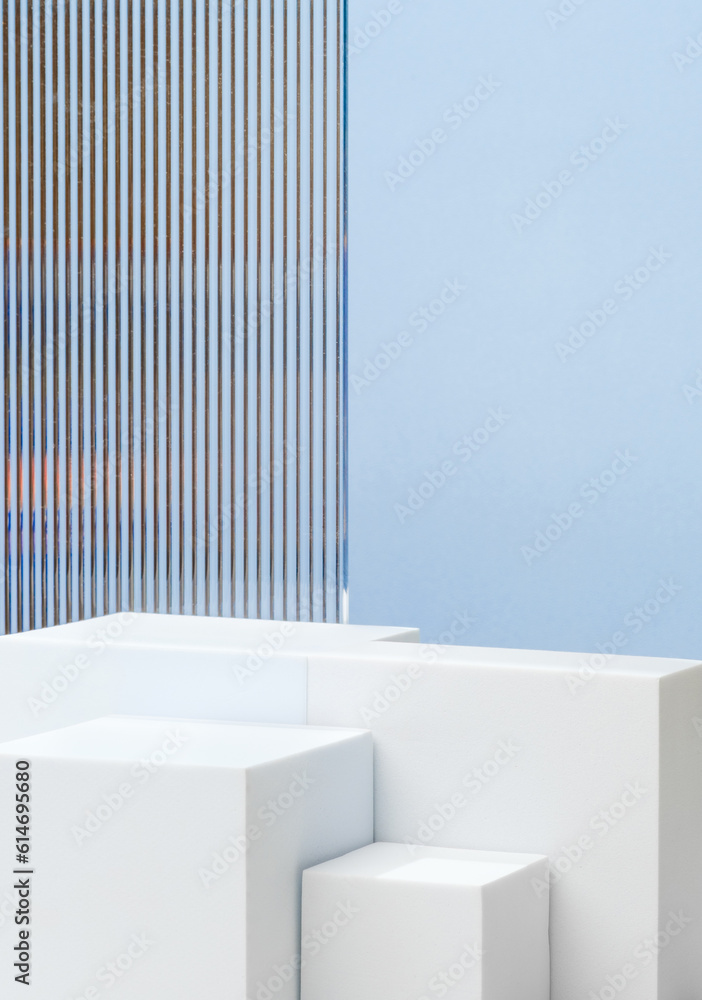 Poster white block pedestal product display blue background with modern transparency strip glass with sunsh