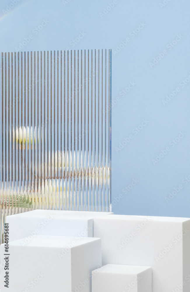 Poster white block pedestal product display blue background with modern transparency strip glass and flower