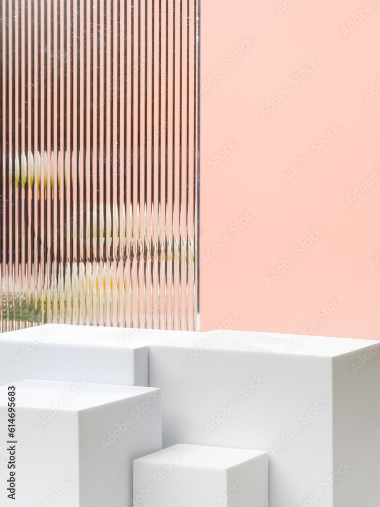 Poster white block pedestal product display peach background with modern transparency strip glass and flowe