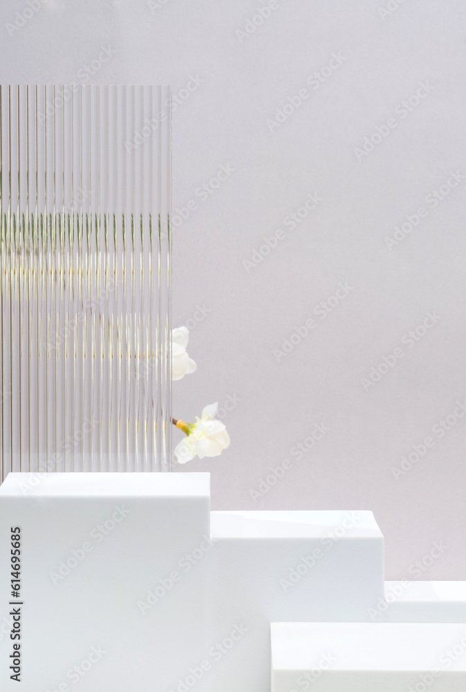 Poster white block pedestal product display grey background with modern transparency strip glass and flower