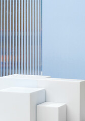 Fototapeta na wymiar White block pedestal product display blue background with modern Transparency strip glass with sunshine light