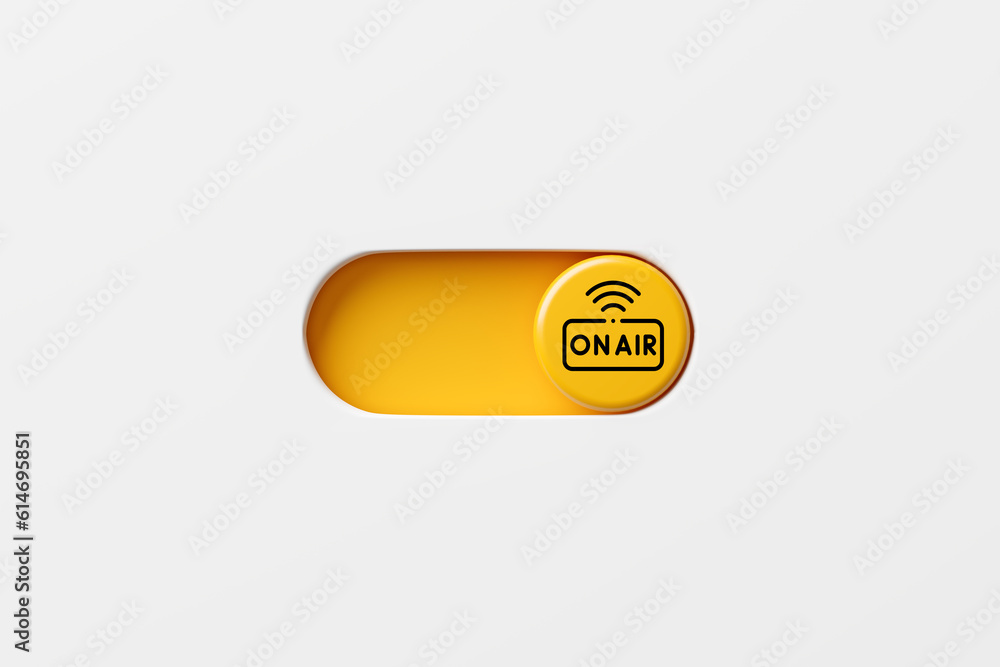 Poster on air live internet broadcast concept. on and off toggle switch button with on air symbol.