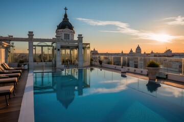 Fototapeta na wymiar Luxury rooftop terrace overlooking Gran Via in Madrid, generative ai