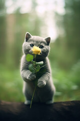 Cute British Short Hair Cat holds a flower. Birthday card. Generative AI.